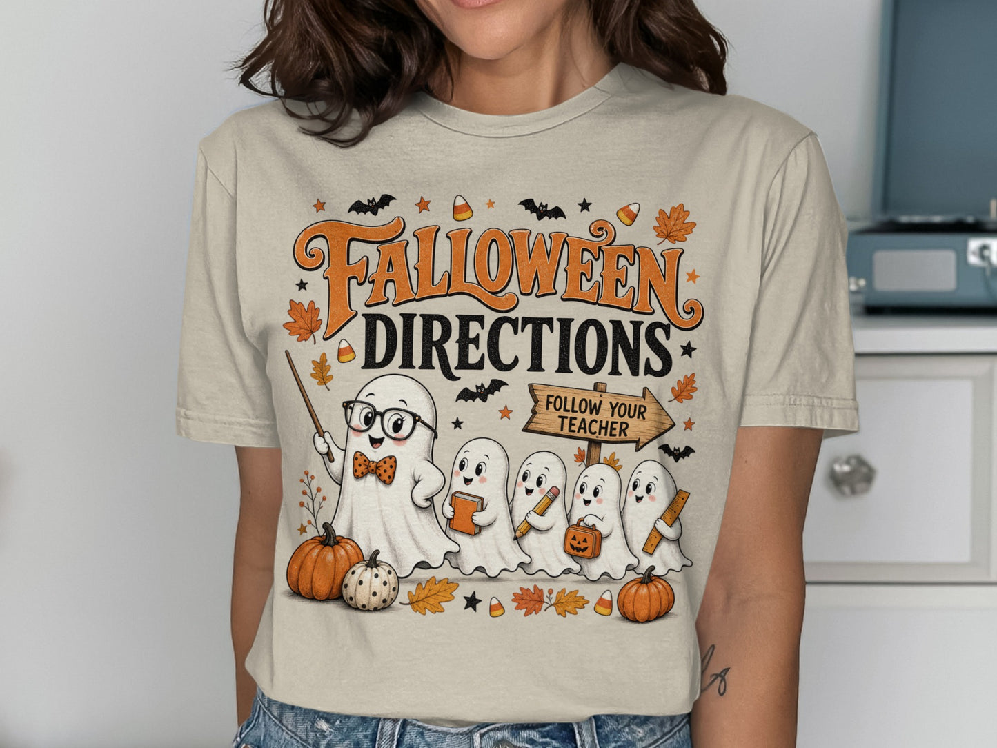 Halloween Directions graphic with ghosts and pumpkins with "Follow Your Teacher" sign.