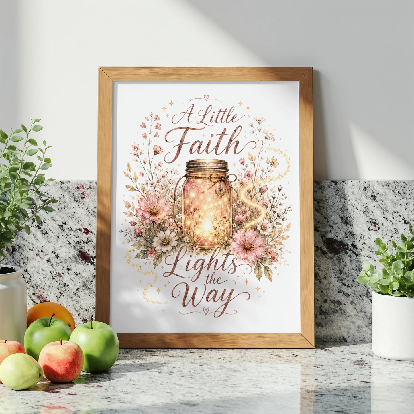 Framed art with text "A Little Faith Lights the Way" and a glowing mason jar.