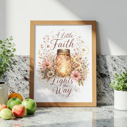 Framed art with text "A Little Faith Lights the Way" and a glowing mason jar.