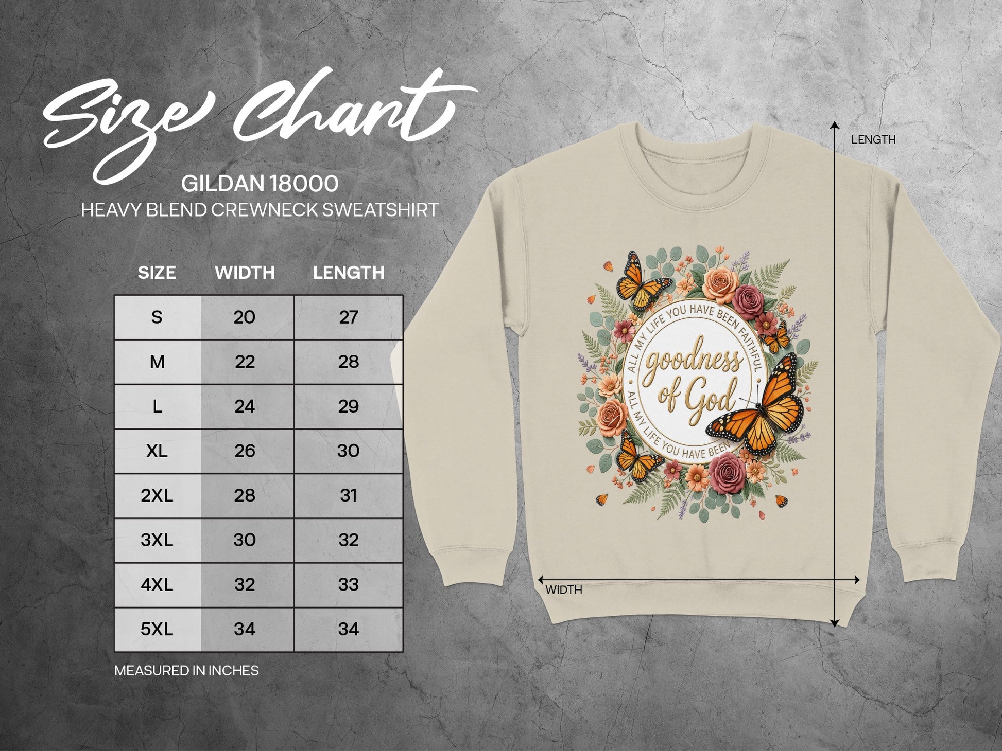 Gildan 18000 sweatshirt size chart with graphic.