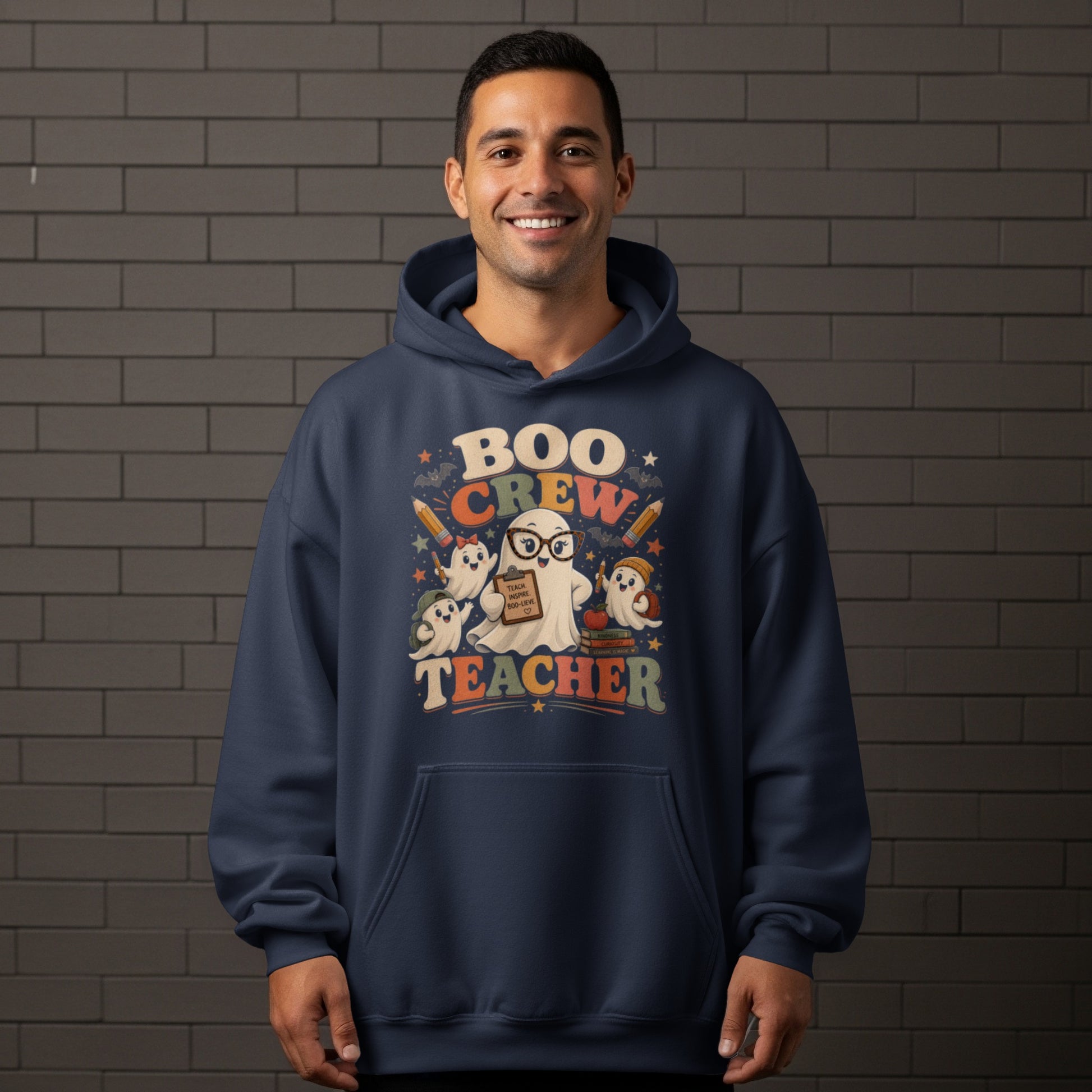 Navy hoodie with "Boo Crew Teacher" graphic featuring ghosts and school items.