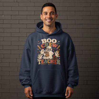Navy hoodie with "Boo Crew Teacher" graphic featuring ghosts and school items.