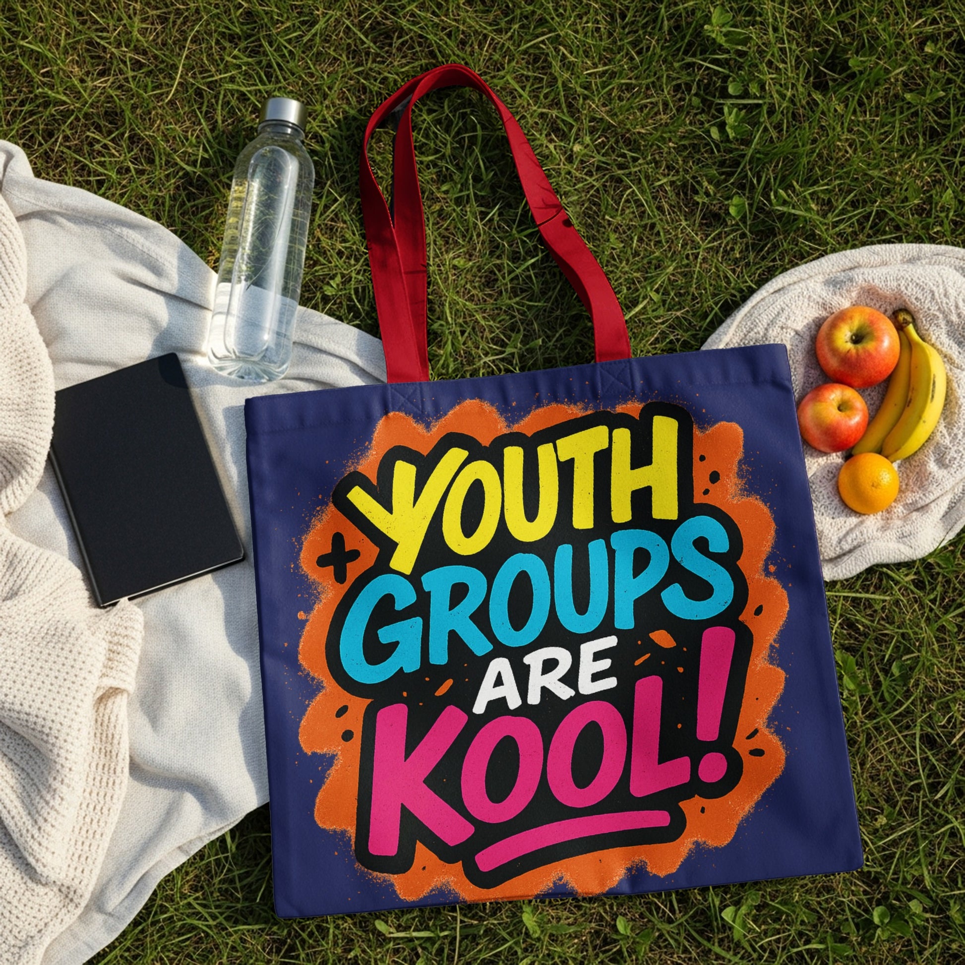 Dark blue tote bag with "YOUTH GROUPS ARE KOOL!" text in colorful graffiti style.