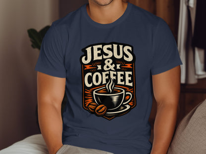 Navy t-shirt with "Jesus & Coffee" and steaming coffee cup graphic.