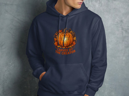 Navy hoodie with orange pumpkin, cross, and fall leaves graphic.