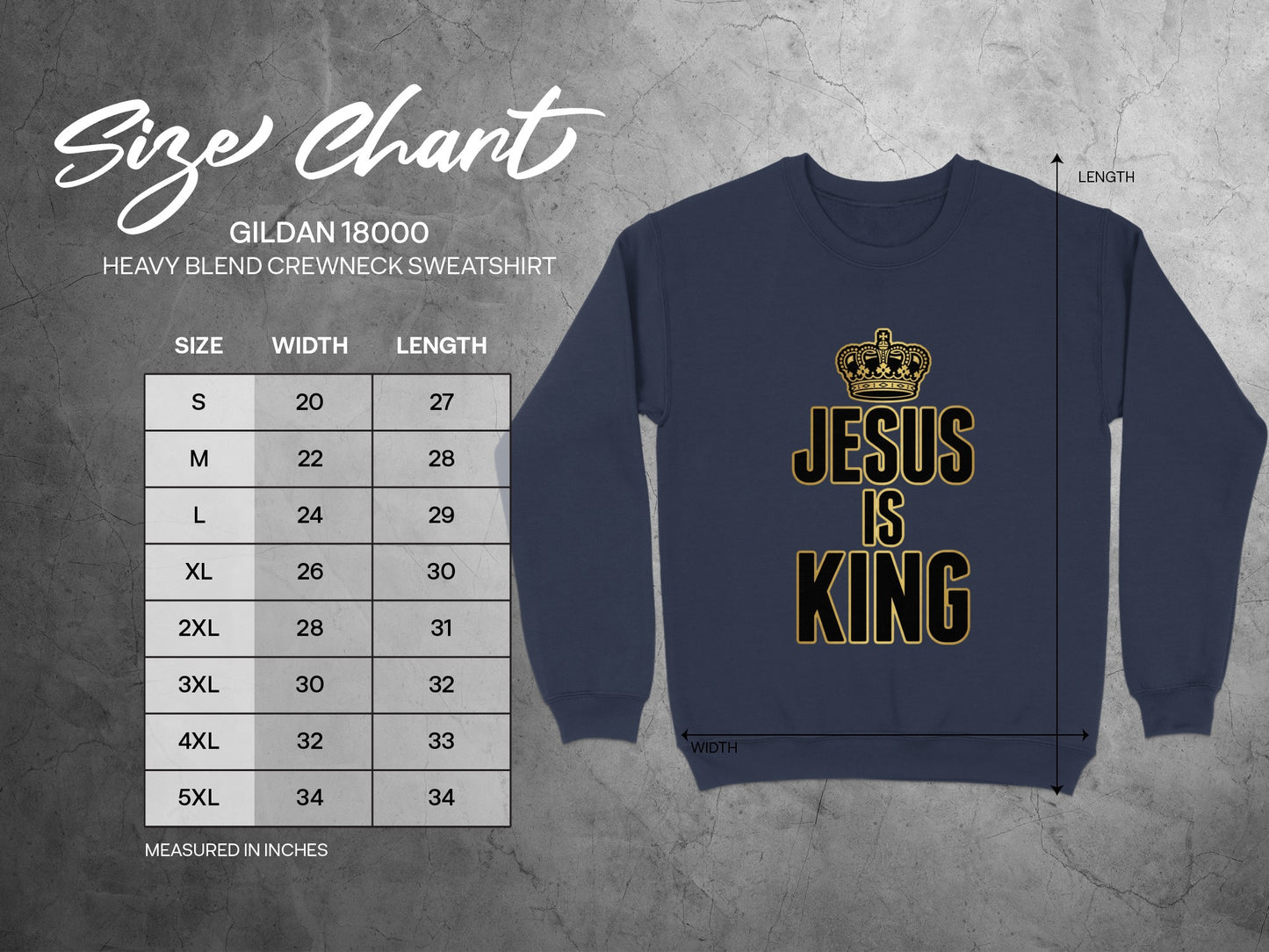 Gildan 18000 sweatshirt size chart with measurements and "Jesus is King" graphic.