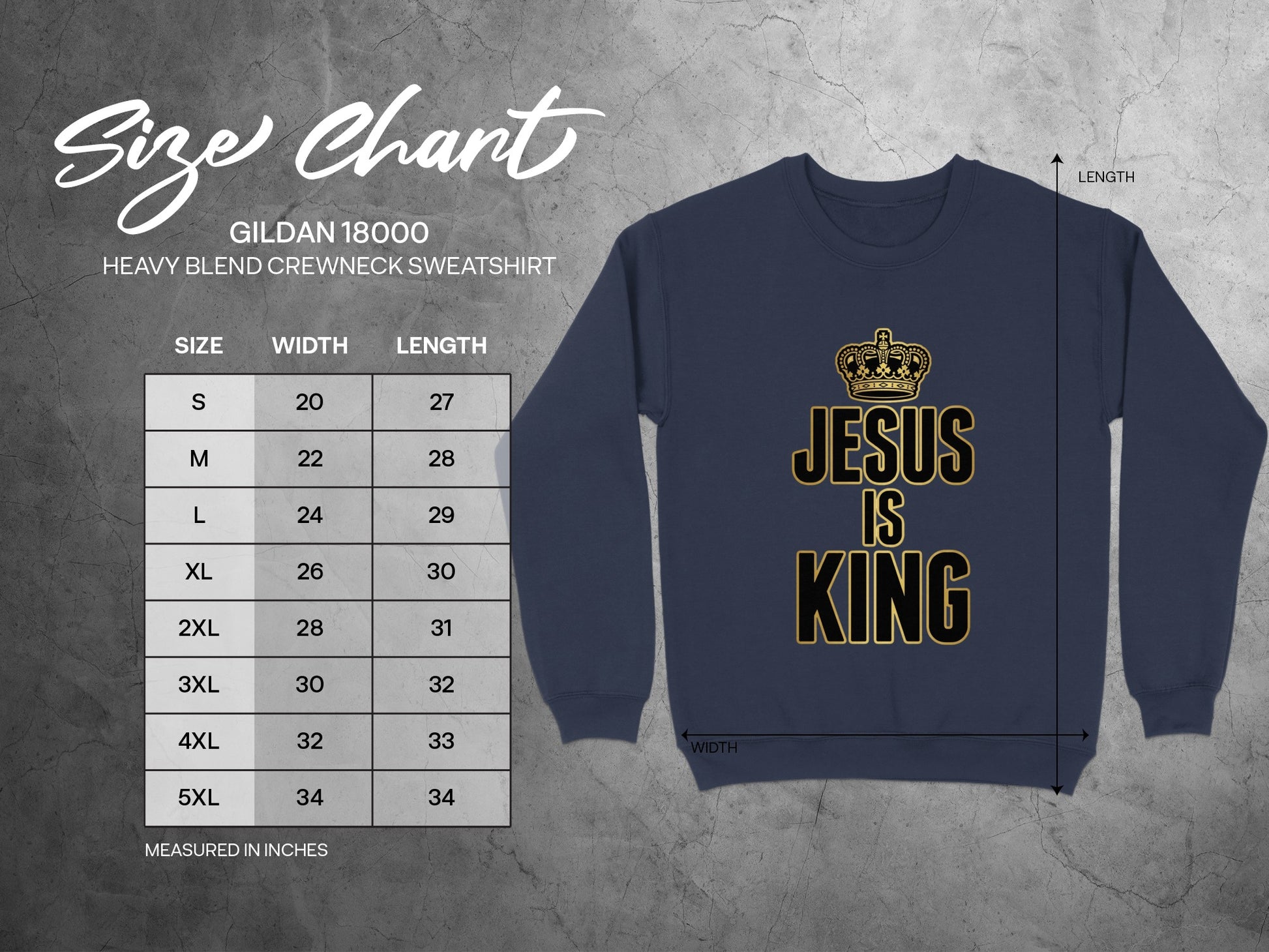 Gildan 18000 sweatshirt size chart with measurements and "Jesus is King" graphic.