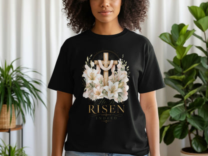 Black t-shirt with a cross, lilies, and "He Is RISEN Indeed" text.