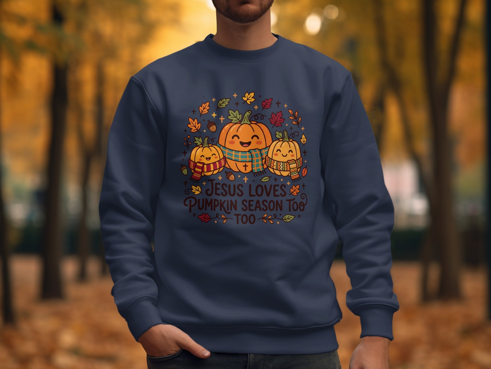 Crewneck sweatshirt with pumpkins and fall leaves that says "Jesus Loves Pumpkin Season Too."