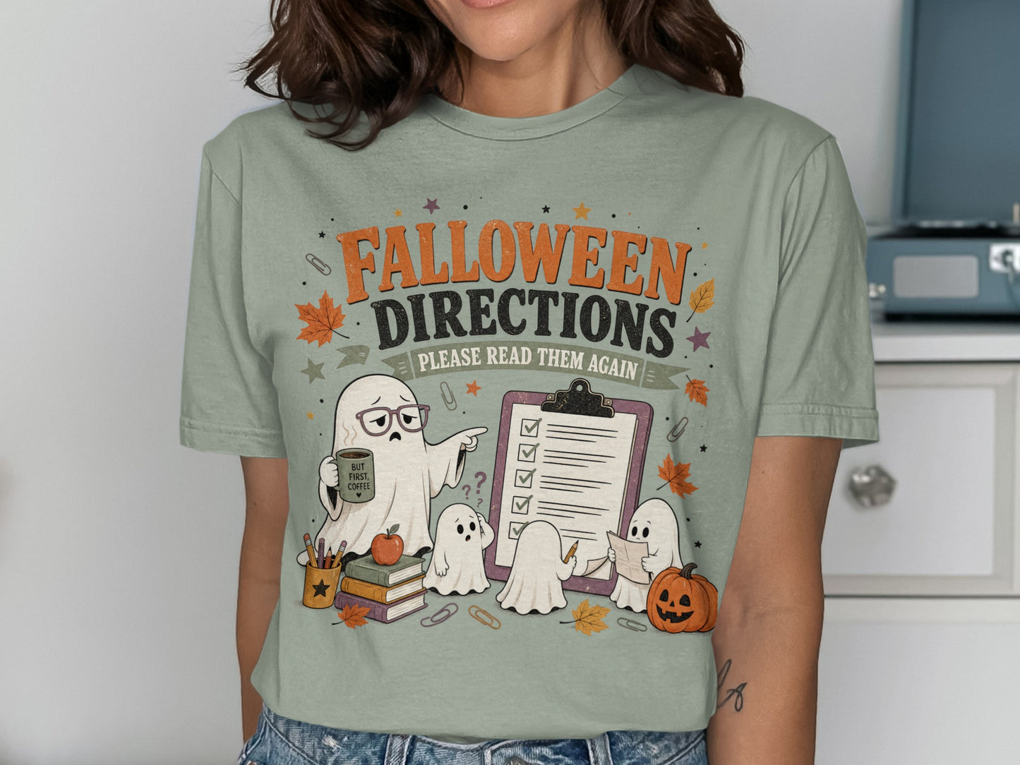 "Falloween Directions Please Read Them Again" text with ghosts and Halloween imagery.