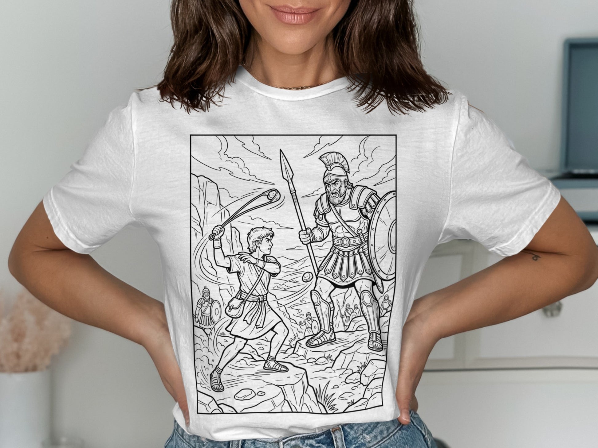 Illustration of a young warrior fighting a Roman soldier on a rocky battlefield.