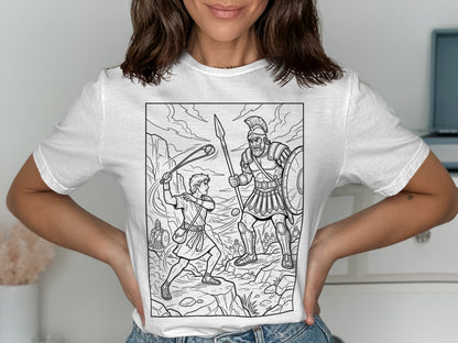 Illustration of a young warrior fighting a Roman soldier on a rocky battlefield.