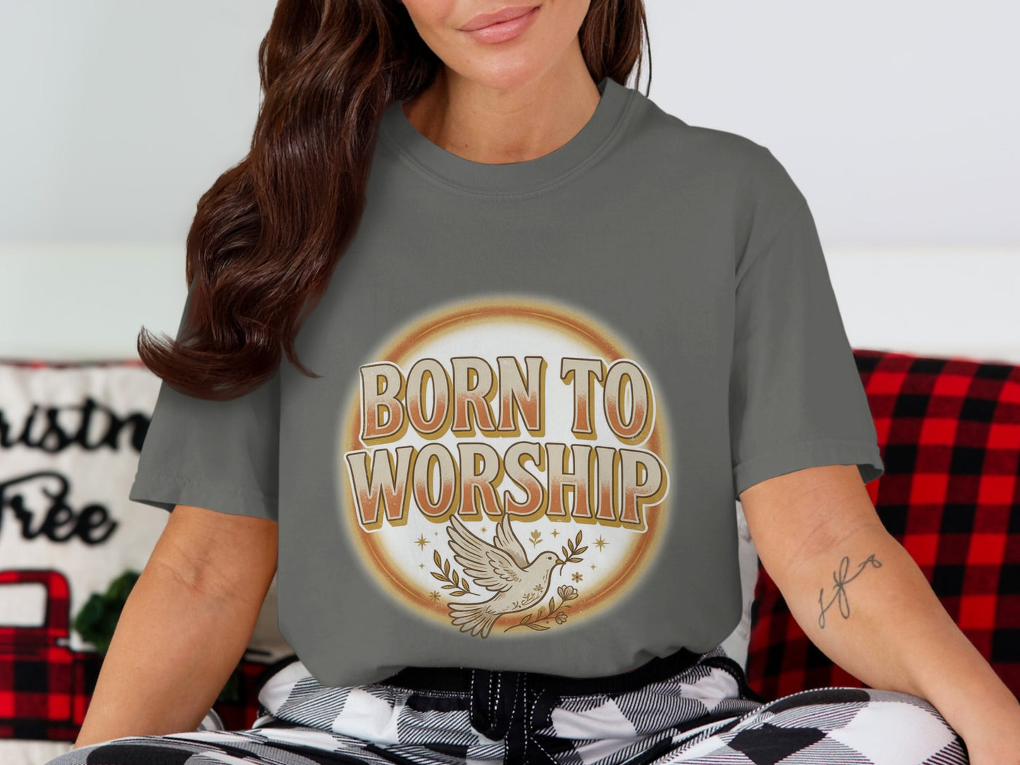 Gray t-shirt with "Born to Worship" text and a dove with an olive branch.