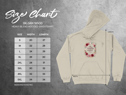 Gildan 18500 size chart with measurements for hooded sweatshirt.