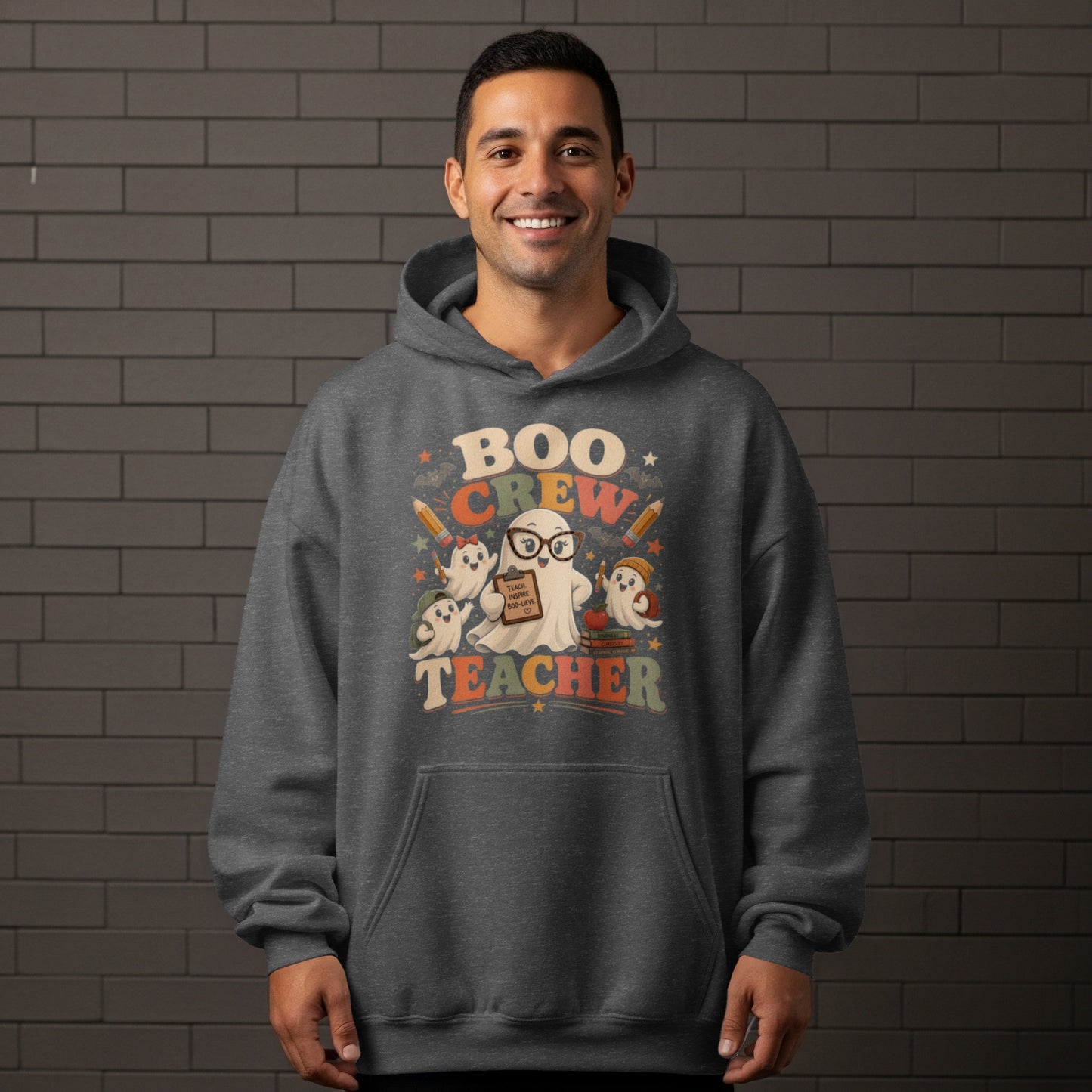 "Boo Crew Teacher" graphic with ghosts and school supplies on a gray hoodie.