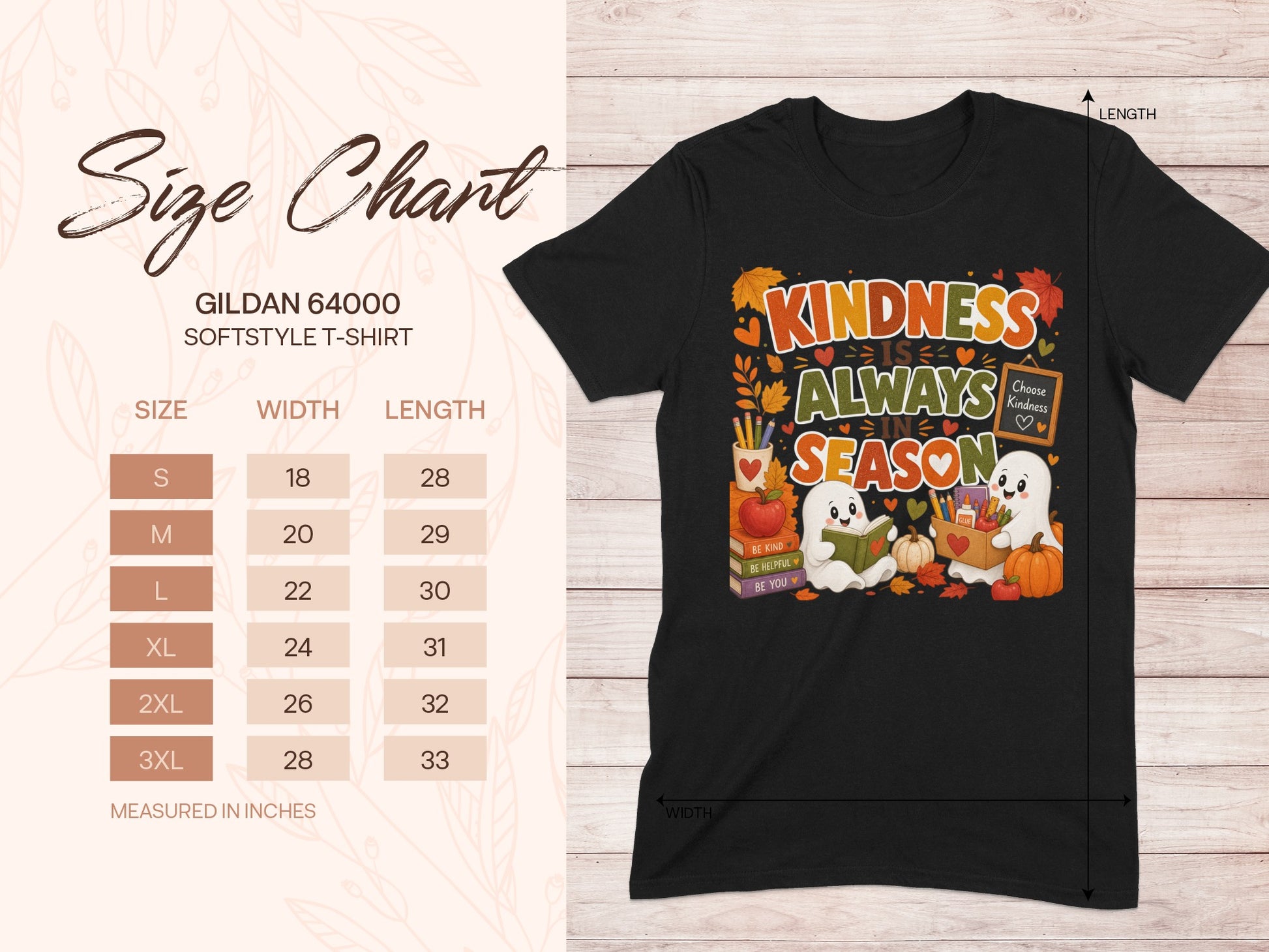 Black Gildan 64000 t-shirt with "Kindness is Always in Season" ghost graphic.