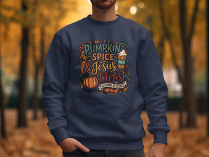 Navy sweatshirt with "Pumpkin Spice & Jesus" text and autumn graphics.
