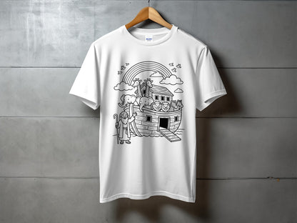 White t-shirt with Noah's Ark, animals, and rainbow graphic.