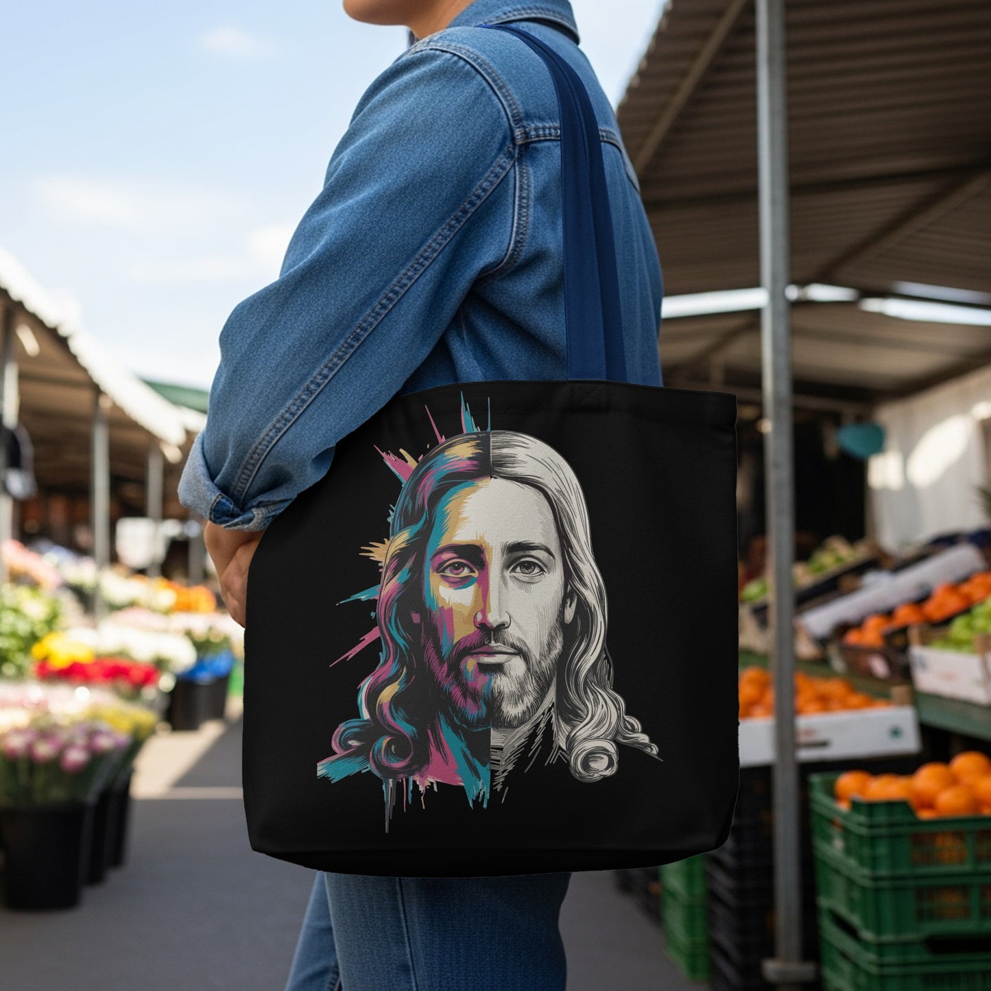 Tote bag with a black background featuring a split portrait of Jesus, half in color and half in grayscale.