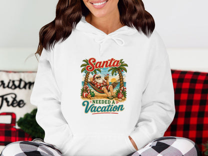 Santa in a hammock with palm trees and the text "Needed A Vacation".