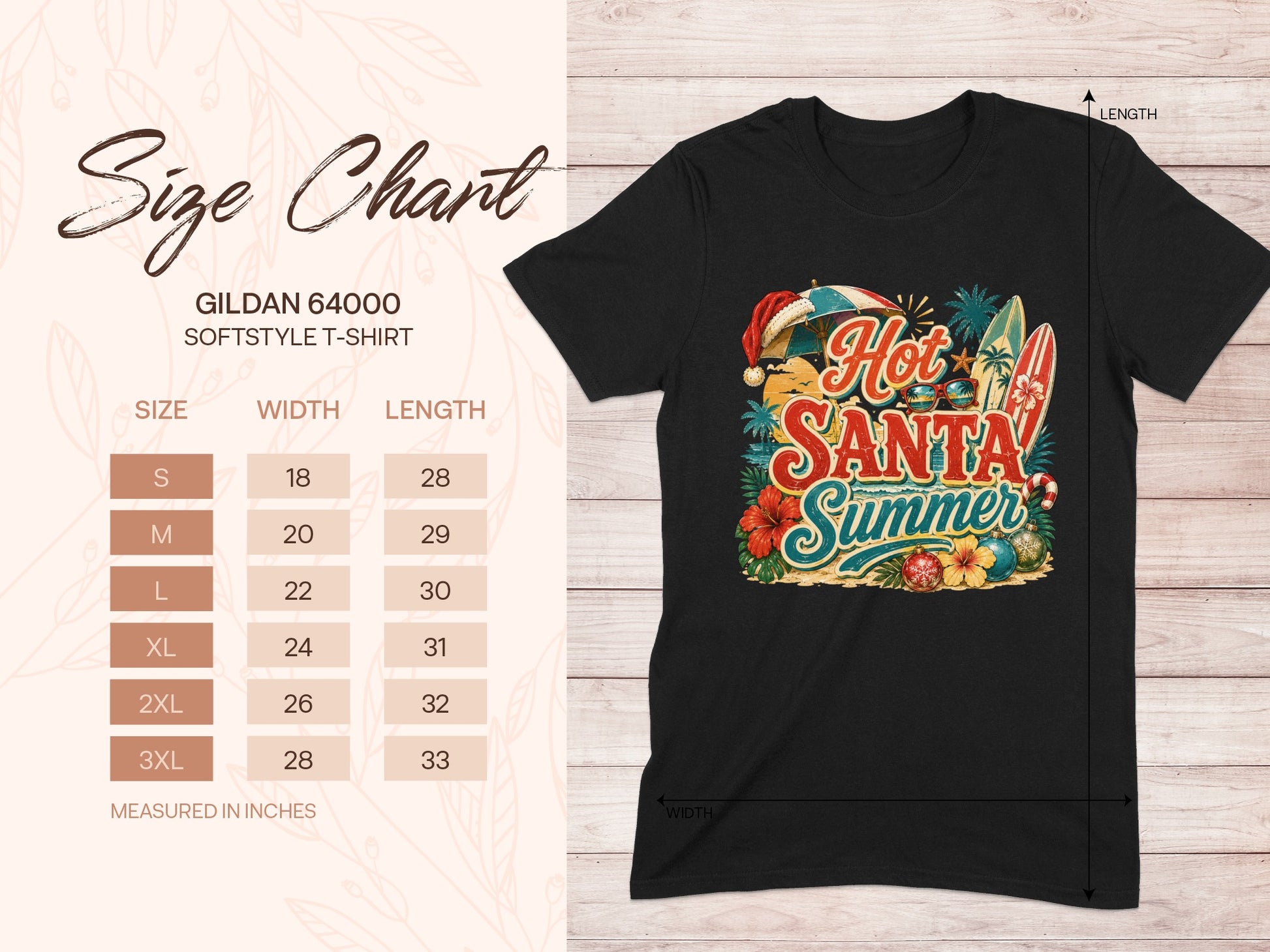 Gildan 64000 t-shirt size chart with "Hot Santa Summer" graphic.