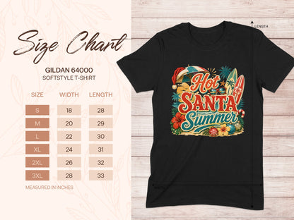 Gildan 64000 t-shirt size chart with "Hot Santa Summer" graphic.