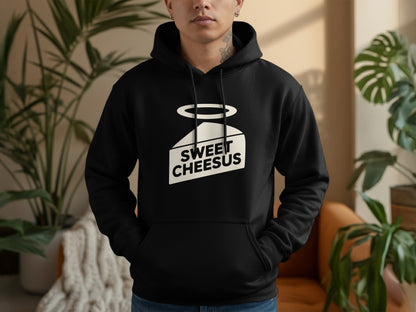 Black hoodie with "SWEET CHEESUS" logo featuring a halo over a wedge of cheese.