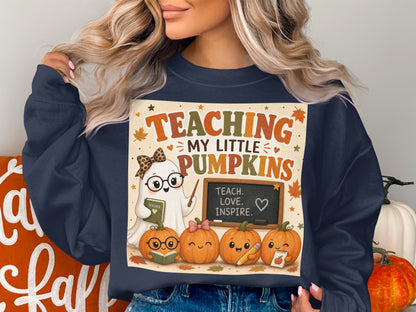 Ghost, pumpkins, and chalkboard with text "Teaching my little pumpkins".