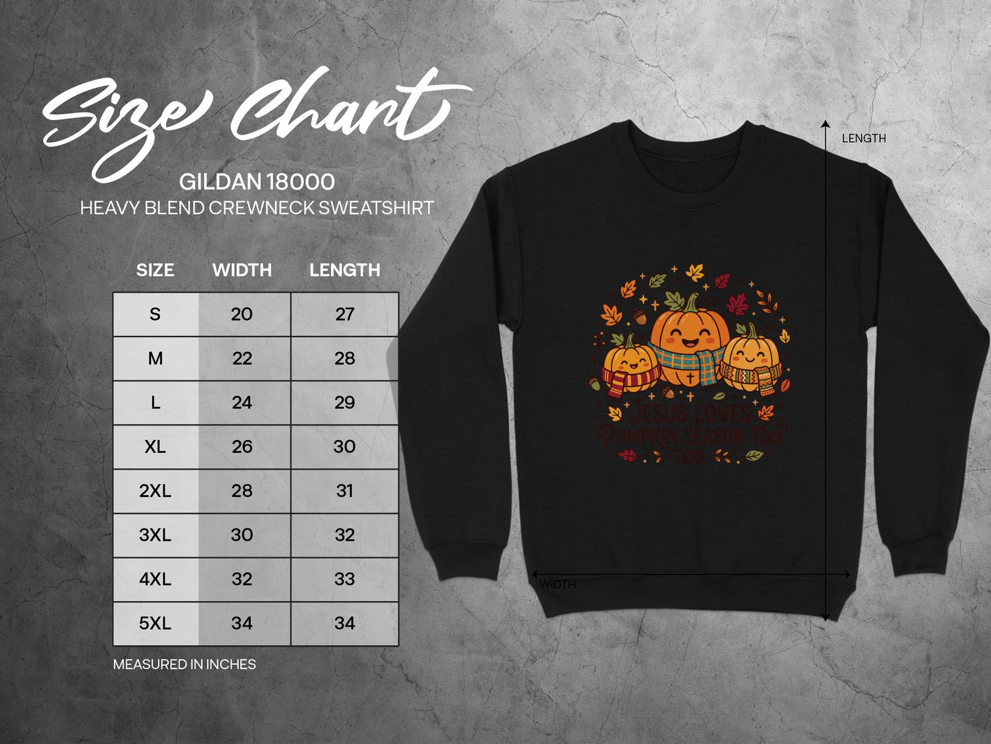 Gildan 18000 sweatshirt size chart with dimensions and a graphic.