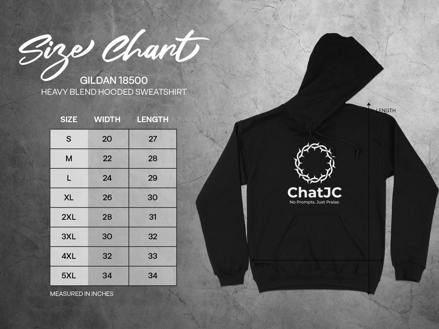 Gildan 18500 hooded sweatshirt size chart with measurements.