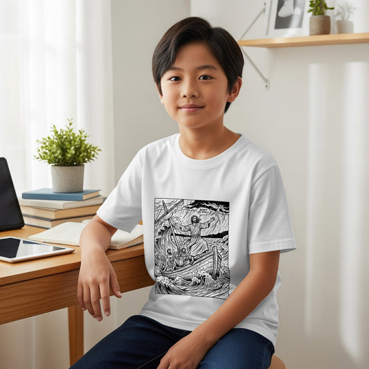 Boy wearing white t-shirt with black and white illustration of Jesus calming the storm.