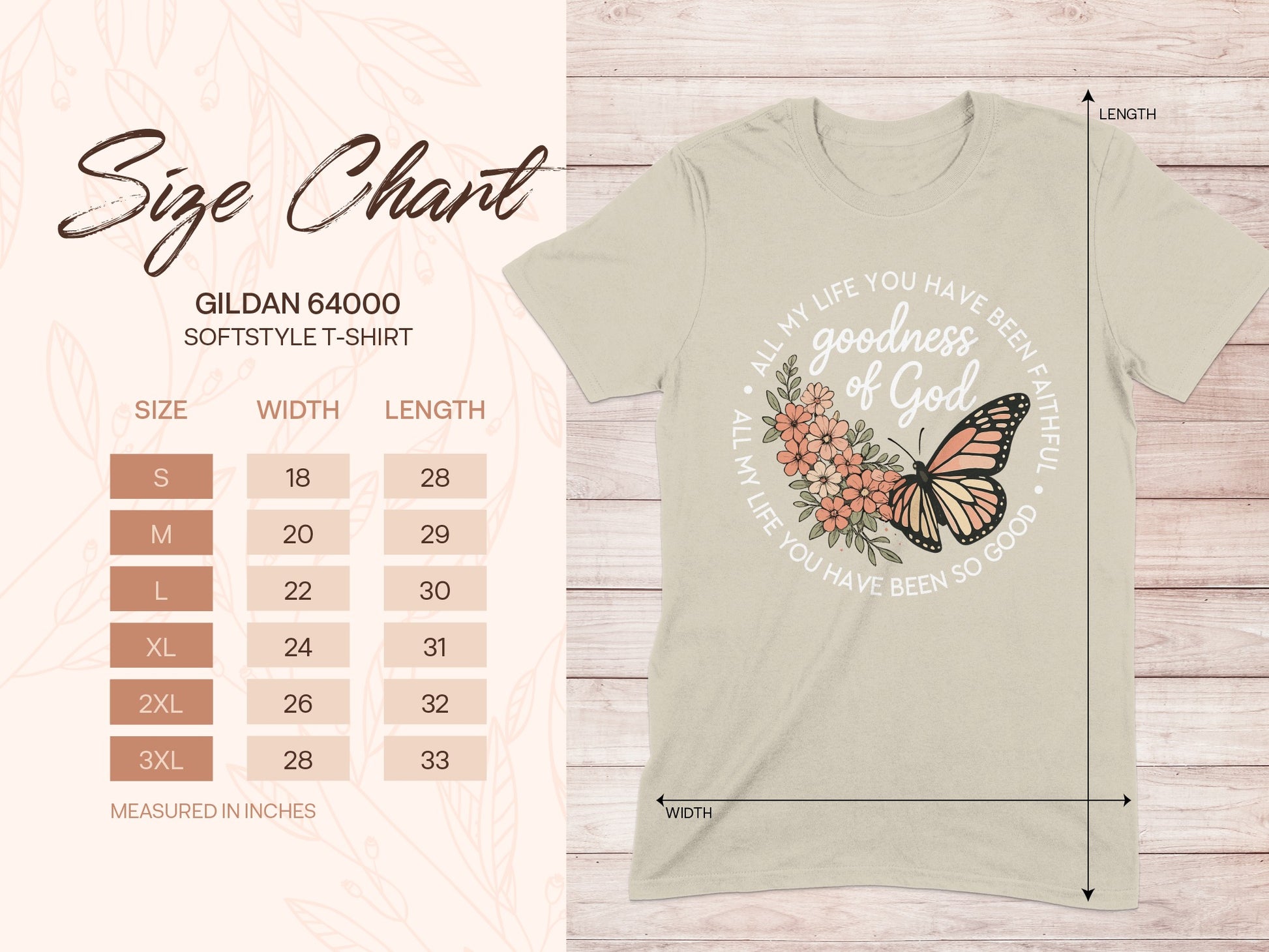 Gildan 64000 softstyle t-shirt size chart with a graphic of "goodness of God."