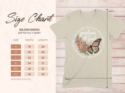 Gildan 64000 softstyle t-shirt size chart with a graphic of "goodness of God."