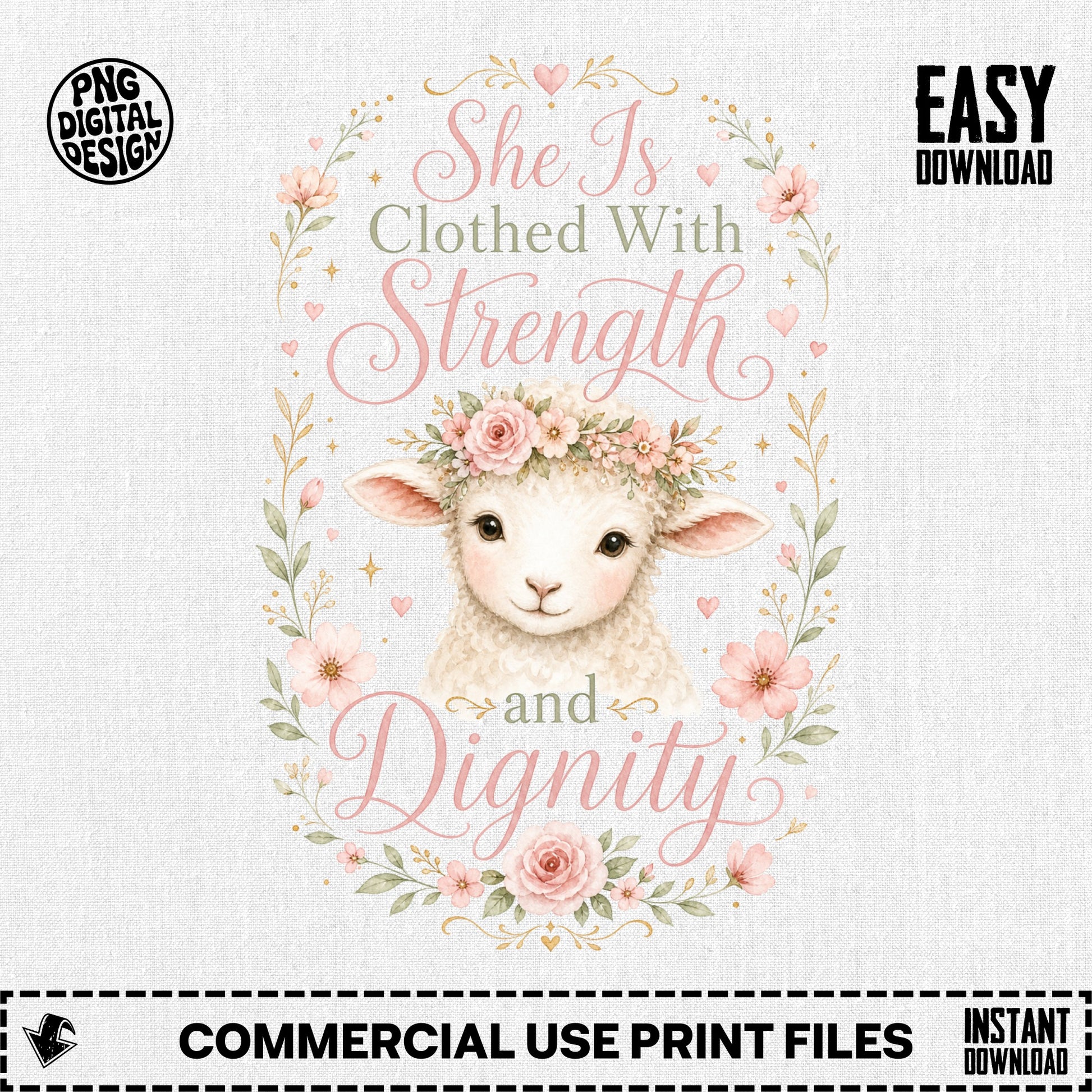 Lamb illustration with text "She Is Clothed With Strength and Dignity".