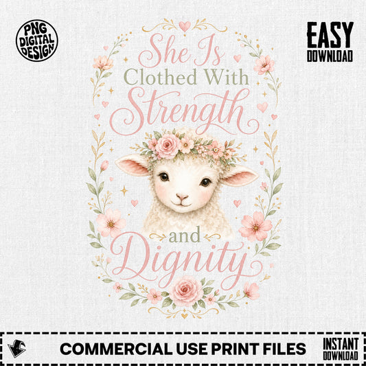 Lamb illustration with text "She Is Clothed With Strength and Dignity".