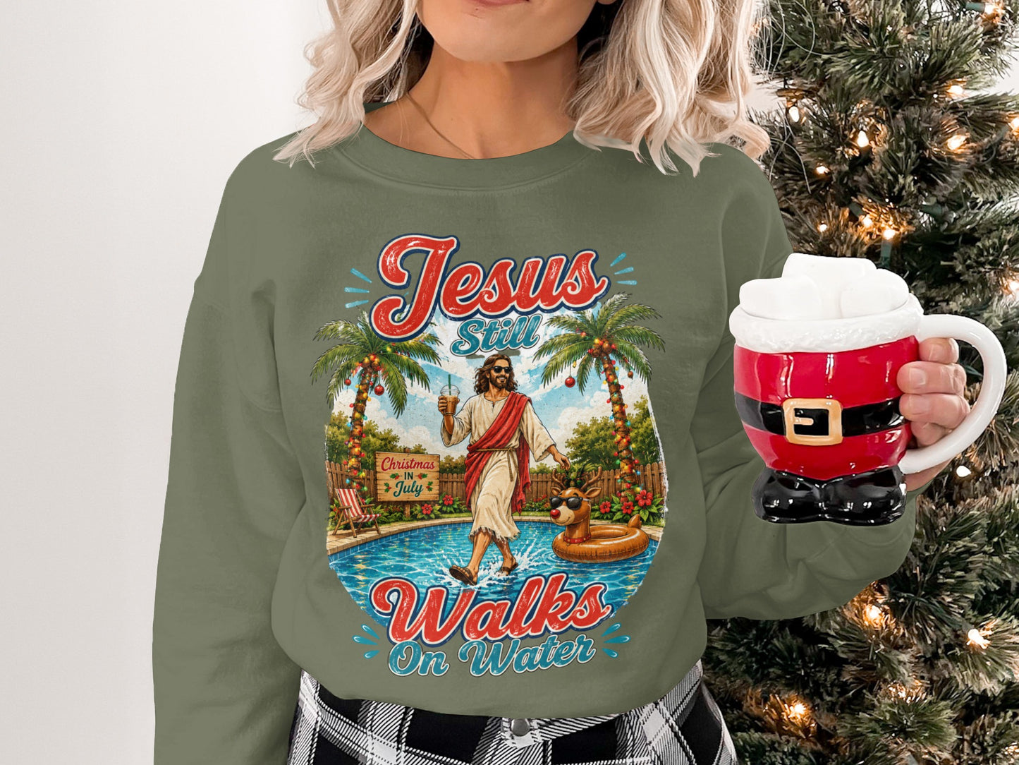 Jesus still walks on water graphic sweatshirt with palm trees and pool.