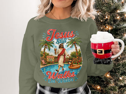 Jesus still walks on water graphic sweatshirt with palm trees and pool.