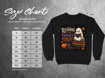 Gildan 18000 sweatshirt size chart with "Reading is my favorite treat" graphic.