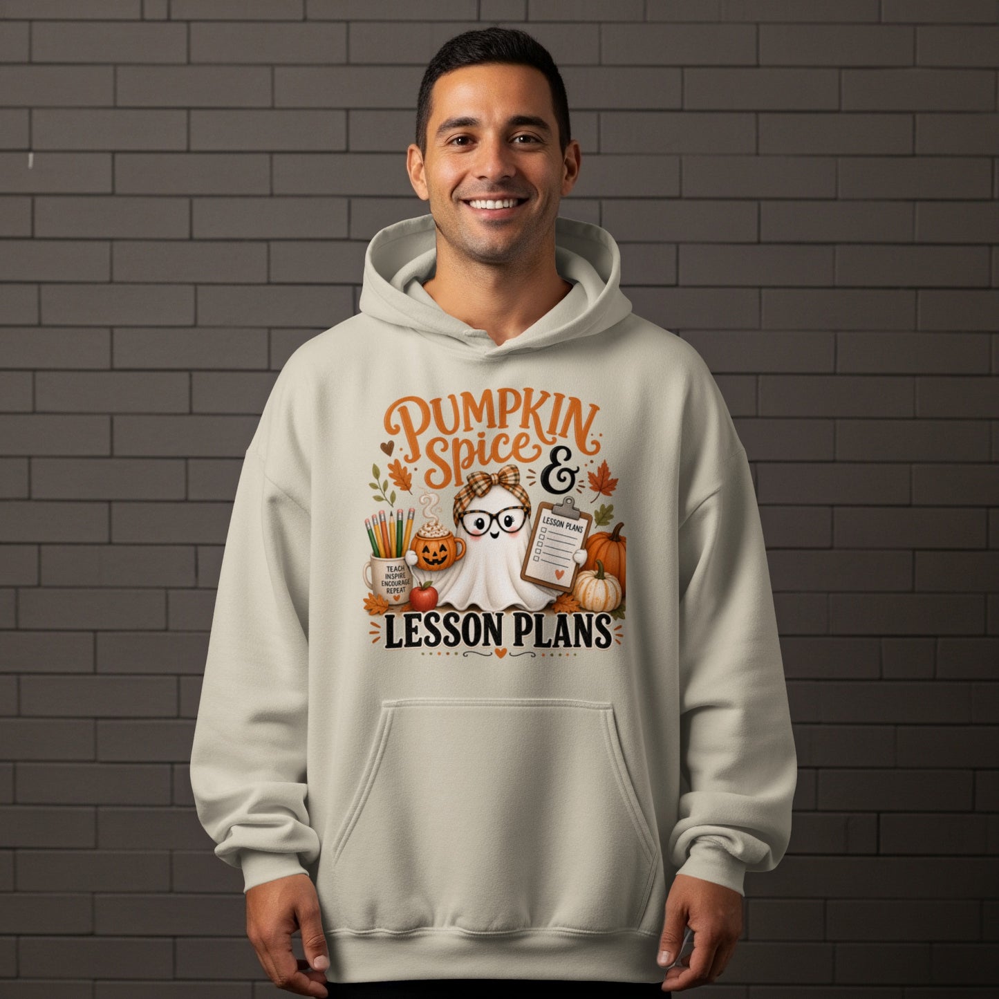 Ghost with glasses and bow, holding clipboard, with pumpkins and school supplies, saying "Pumpkin Spice & Lesson Plans".