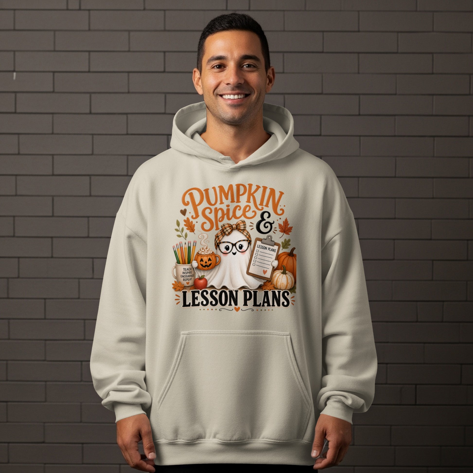Ghost with glasses and bow, holding clipboard, with pumpkins and school supplies, saying "Pumpkin Spice & Lesson Plans".