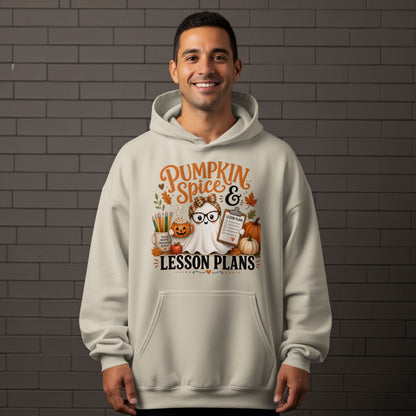 Ghost with glasses and bow, holding clipboard, with pumpkins and school supplies, saying "Pumpkin Spice & Lesson Plans".