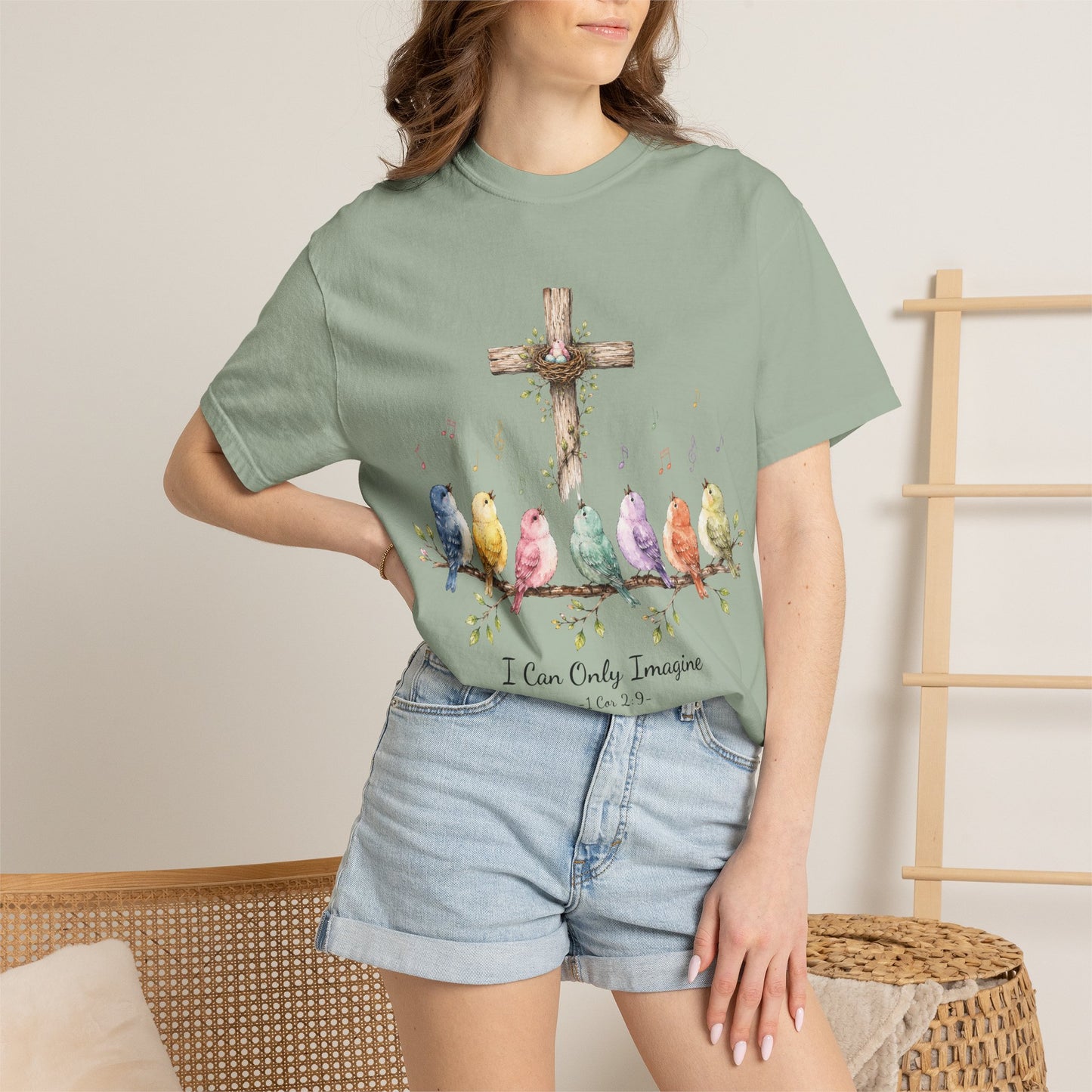 I Can Only Imagine Shirt, Cross with Songbirds Women's Christian Tee | 1 Corinthians 2:9 Worship Gift