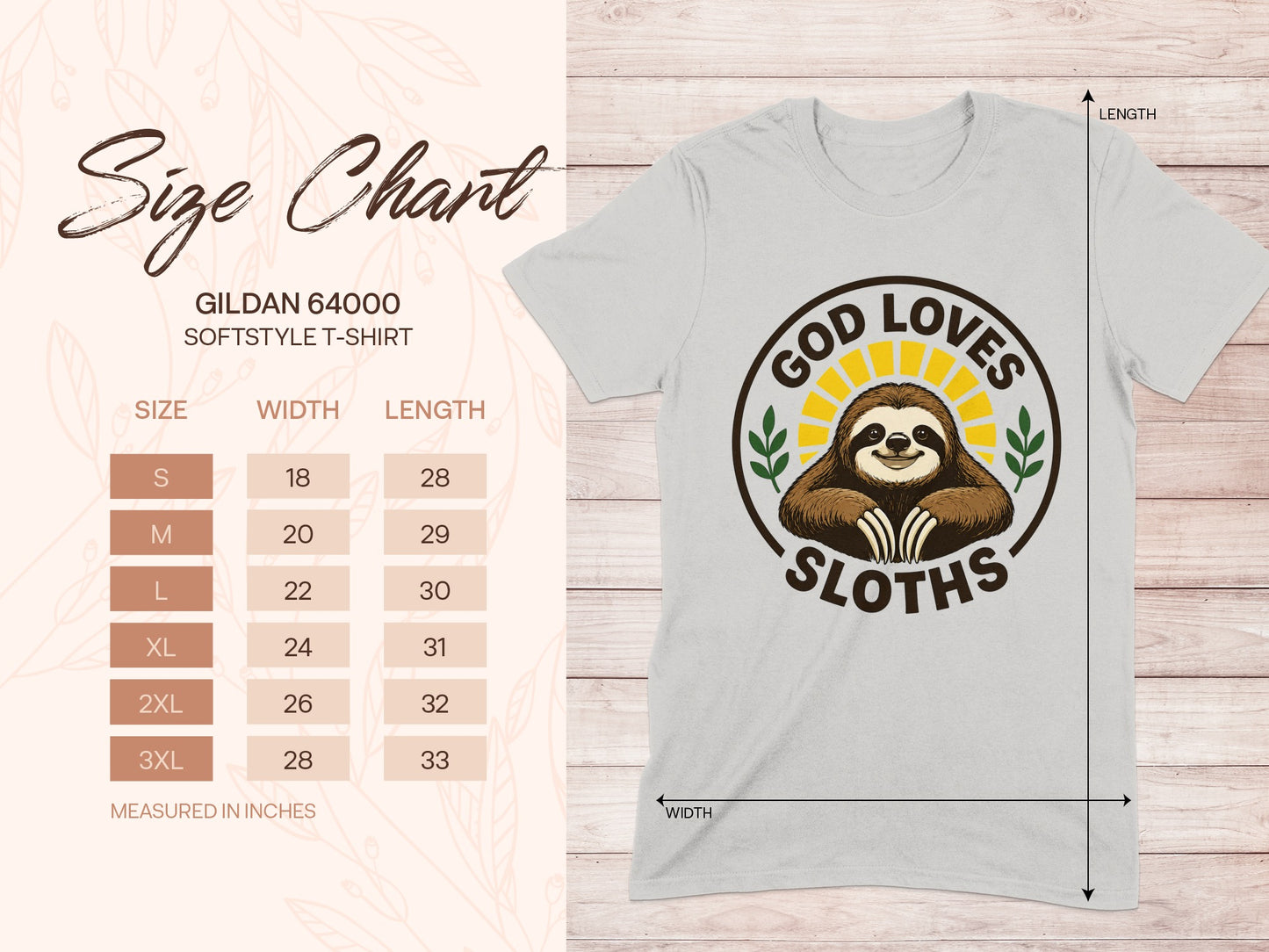 Gildan 64000 softstyle t-shirt size chart with sloth graphic.