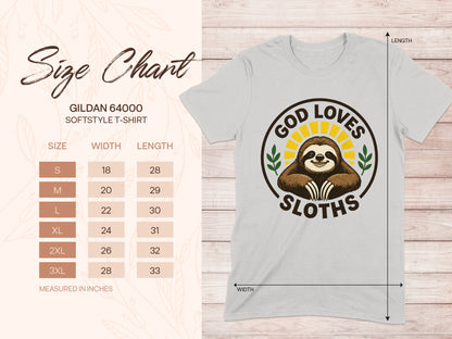 Gildan 64000 softstyle t-shirt size chart with sloth graphic.