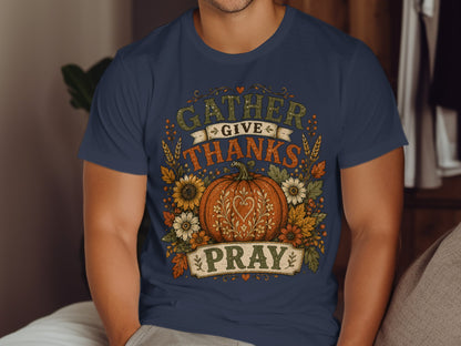 Navy t-shirt with pumpkin, "Gather Give Thanks Pray" text, and floral accents.