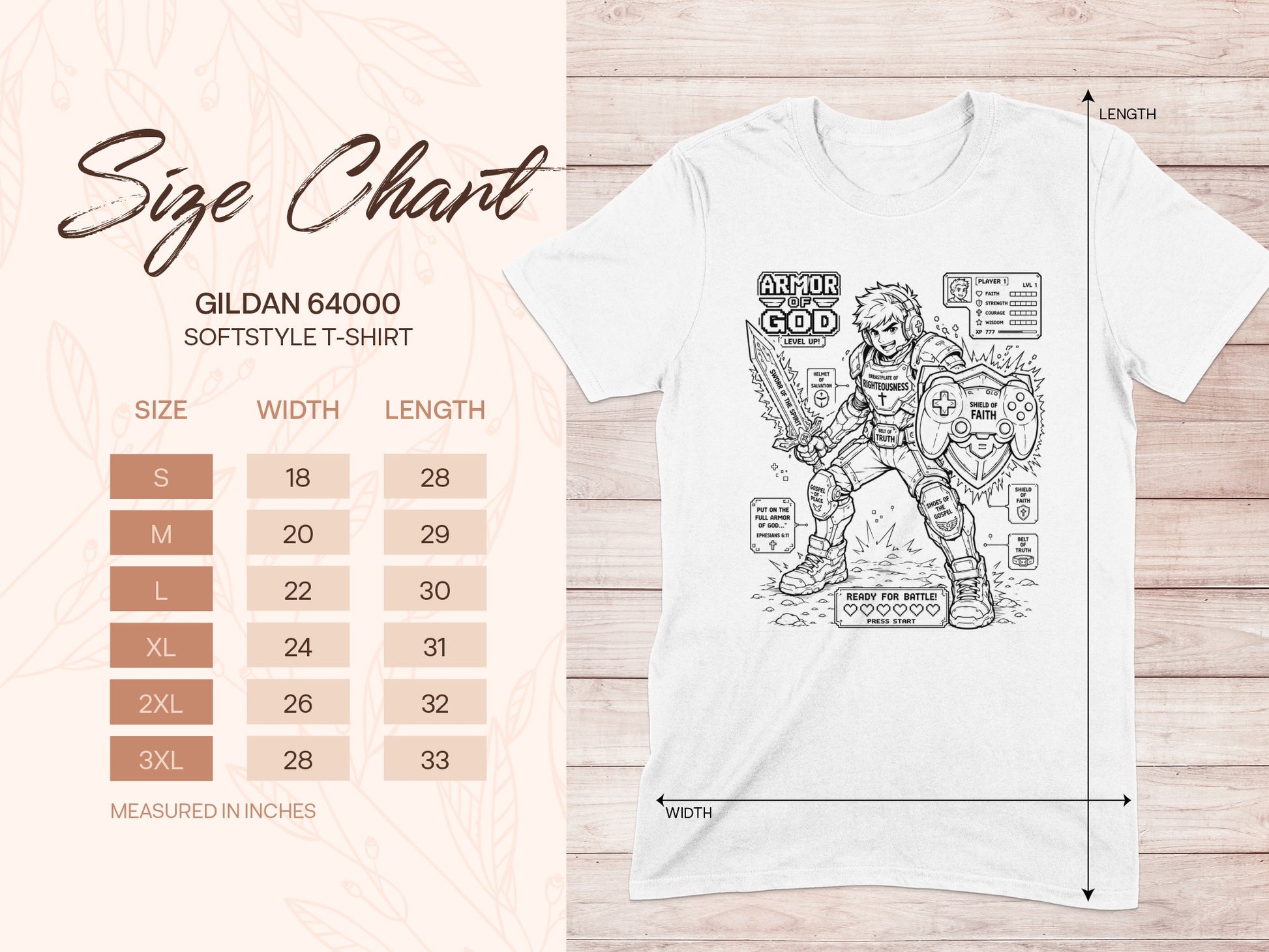 Gildan 64000 T-shirt size chart with "Armor of God" graphic.