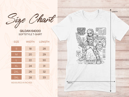 Gildan 64000 T-shirt size chart with "Armor of God" graphic.