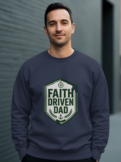 Man wearing navy sweatshirt with "Faith Driven Dad" logo.