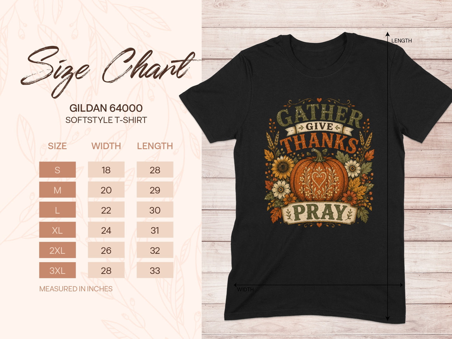 Gildan 64000 softstyle t-shirt size chart and graphic tee.