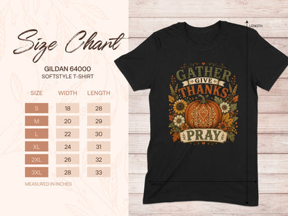 Gildan 64000 softstyle t-shirt size chart and graphic tee.